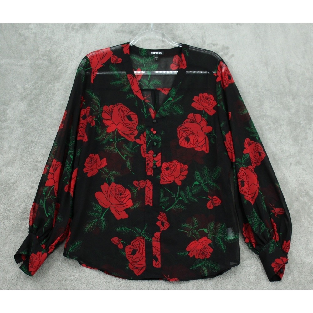 Express Blouse‎ Womens Large Sheer Rose Romantic Feminine Whimsigoth Witchy Red
